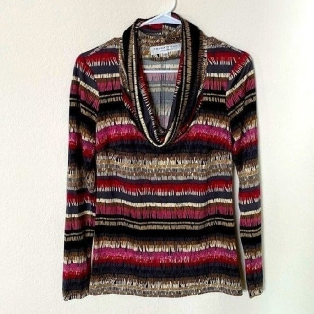 Trina Turk Silk Red Striped Cowlneck Blouse Top Size Small